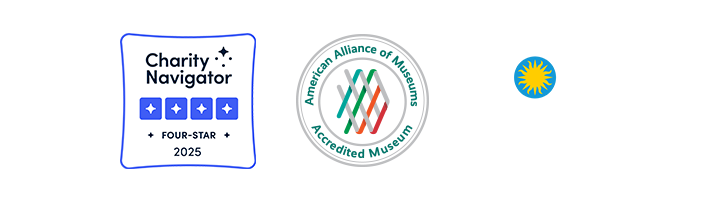 Charity Navigator Four Star 2025 badge, American Alliance of Museums Accredited Museum seal, and Smithsonian sunburst logo